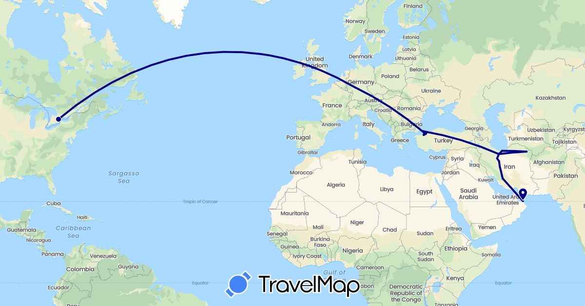 TravelMap itinerary: driving in Canada, Germany, Iran, Oman, Turkey (Asia, Europe, North America)