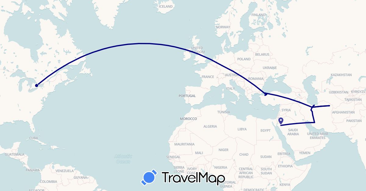 TravelMap itinerary: driving in Canada, Germany, Iran, Saudi Arabia, Turkey (Asia, Europe, North America)
