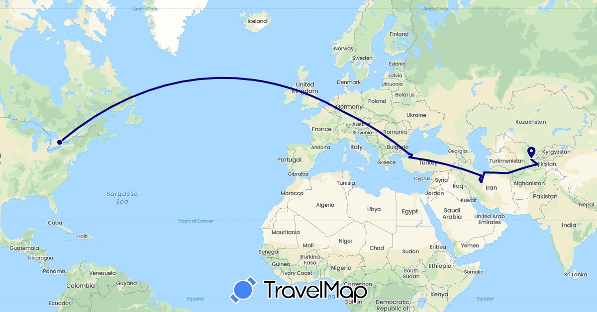 TravelMap itinerary: driving in Canada, Germany, Iran, Tajikistan, Turkey, Uzbekistan (Asia, Europe, North America)
